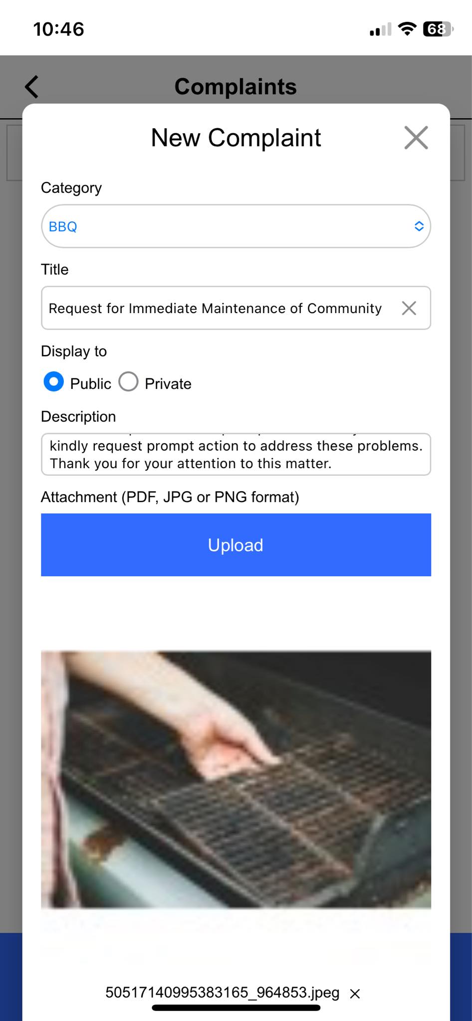 Complaints App - Create and Submit New Complaint with Details and Attachments