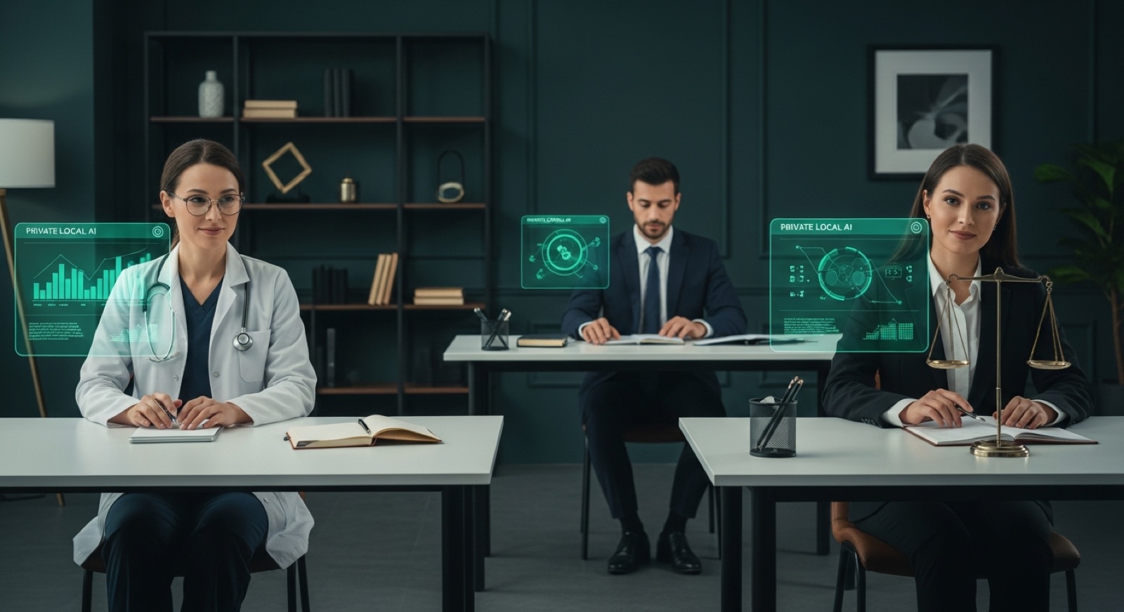 A doctor, an accountant and a lawyer each working with a private local AI co-pilot