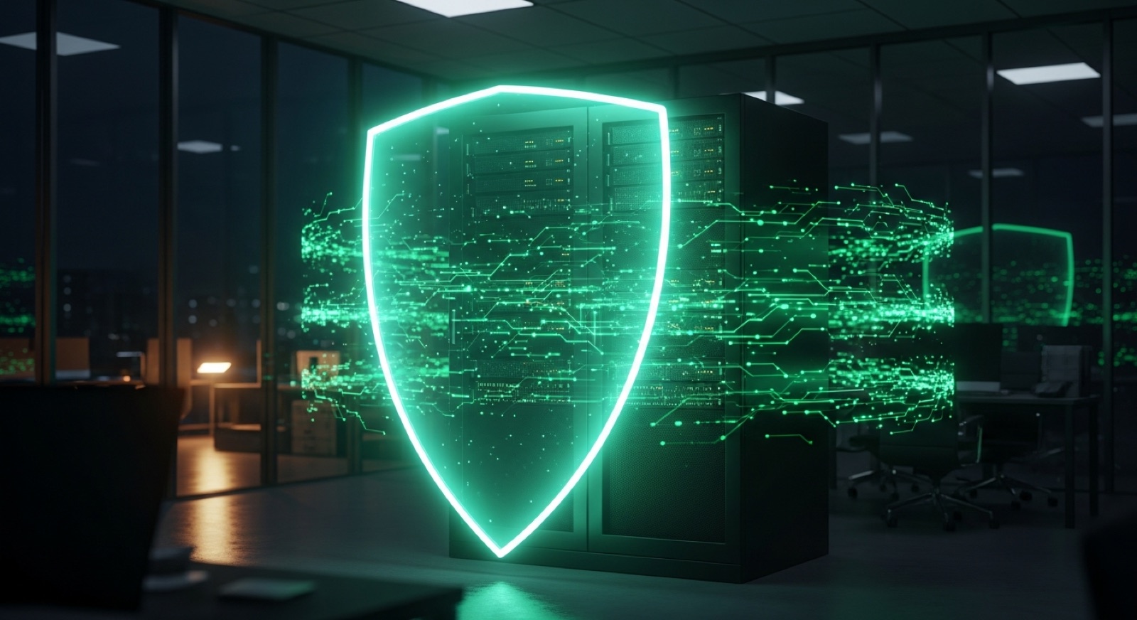 A glowing green shield protecting a server rack, data contained inside the building