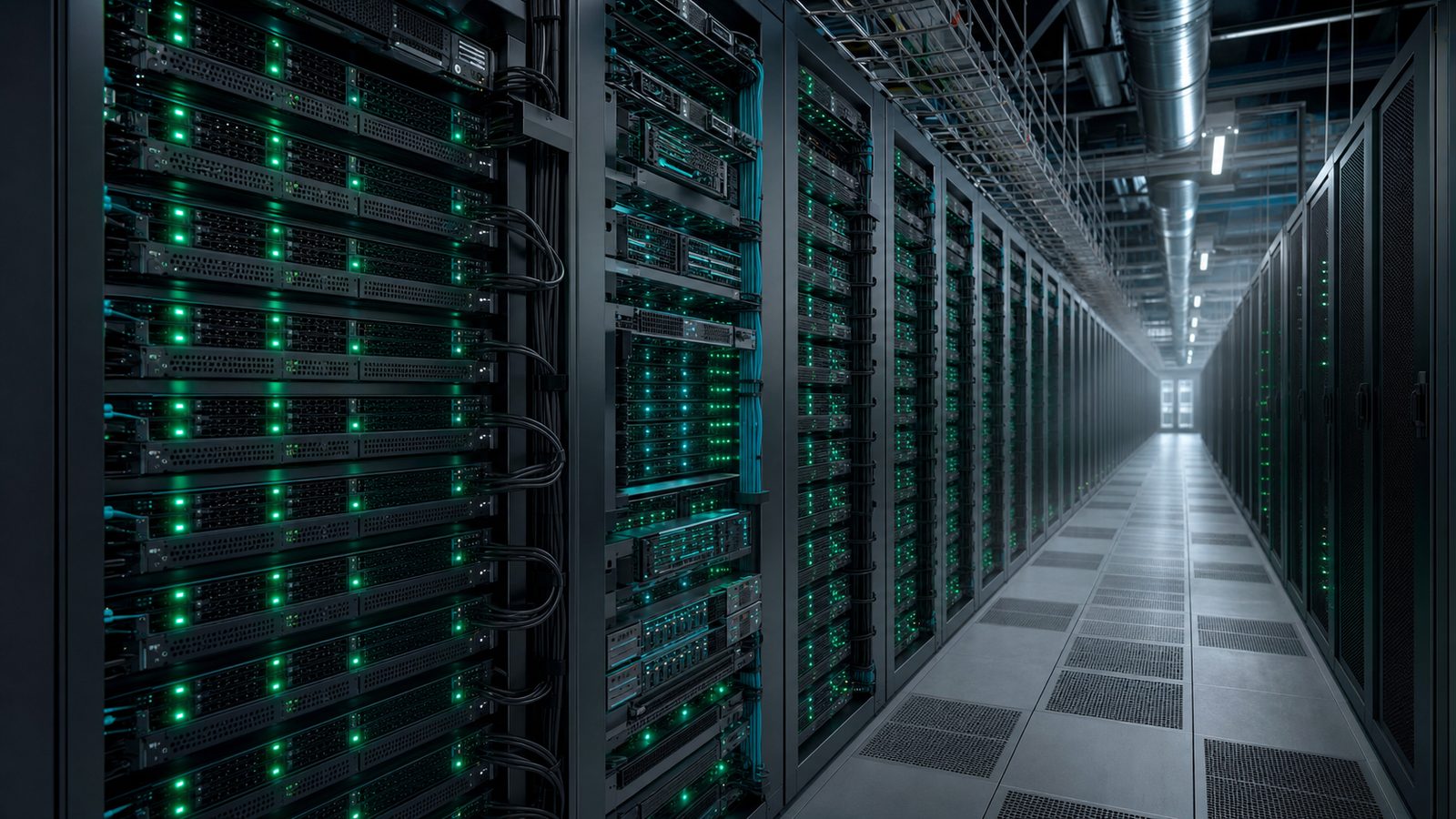 Row of AI data center server racks with glowing green status LEDs receding down a raised-floor aisle