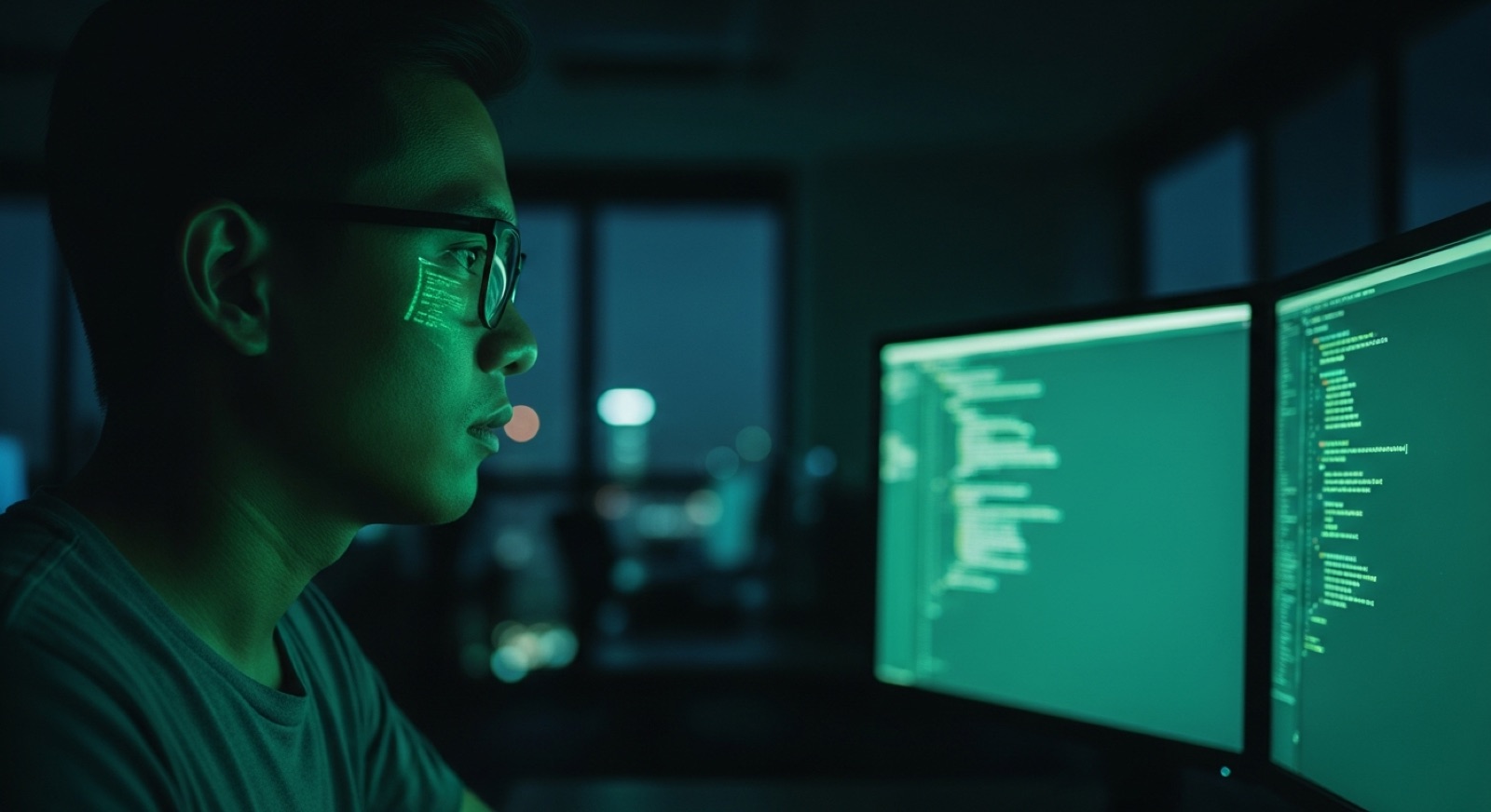 An engineer working late with a local LLM running on green-lit screens
