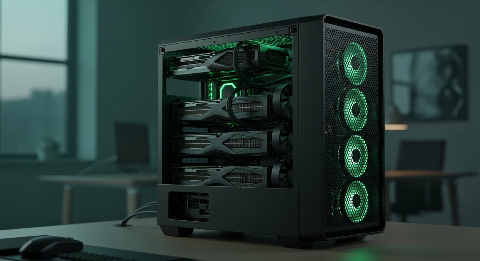 On-premise multi-GPU AI server workstation with green accent lighting in an office