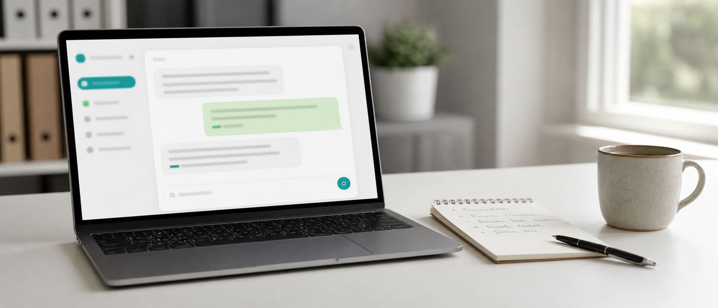 Desk setup showing a private AI chat interface open beside a notepad of first tasks