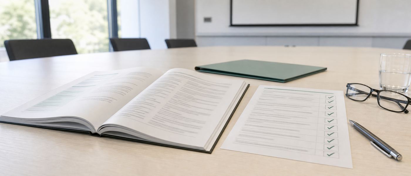 Tender specification documents and evaluation sheets laid out on a meeting table