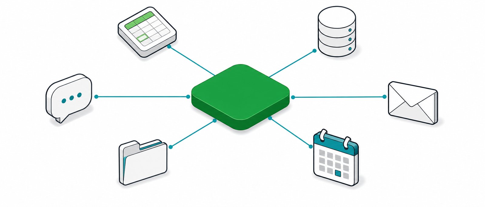 Diagram-style view of a private local AI server connected to accounting, ERP, HR, document storage, email and messaging systems inside one office