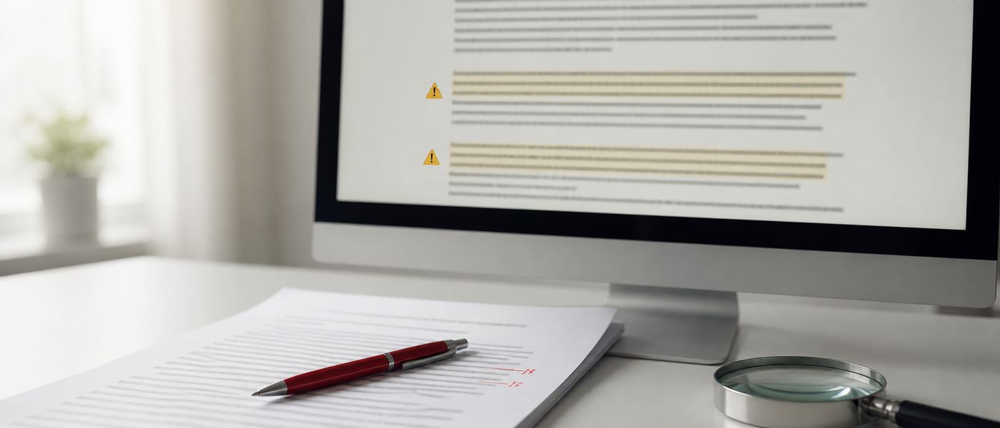 AI generated draft on screen beside a printed page marked with correction notes