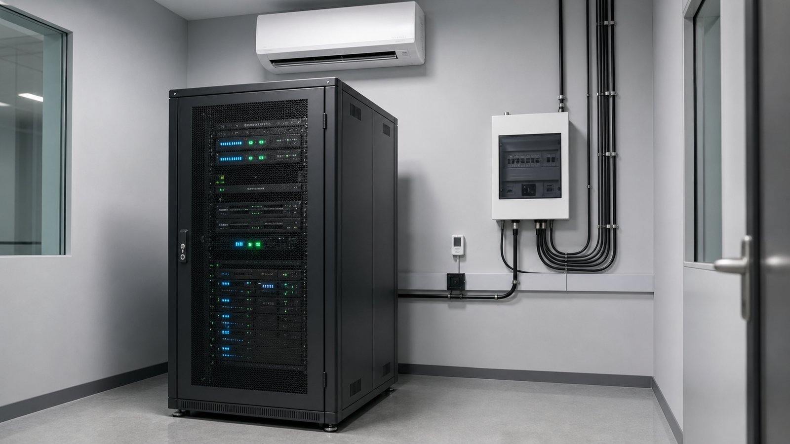 Small ventilated equipment cupboard with a rack mounted AI server, a UPS unit below it and tidy power cabling