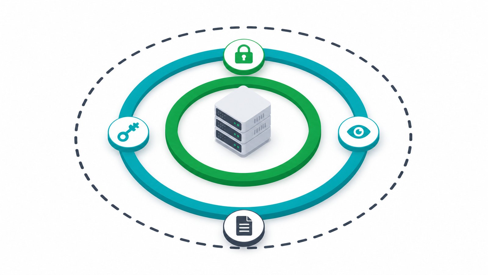 Layered security rings around a private AI server showing access, monitoring and audit controls