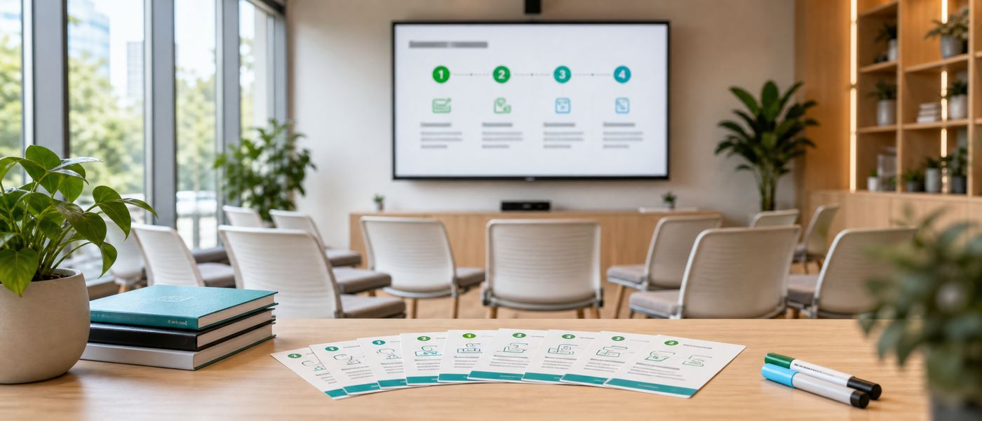 Training room screen showing a step by step guide beside printed quick reference cards