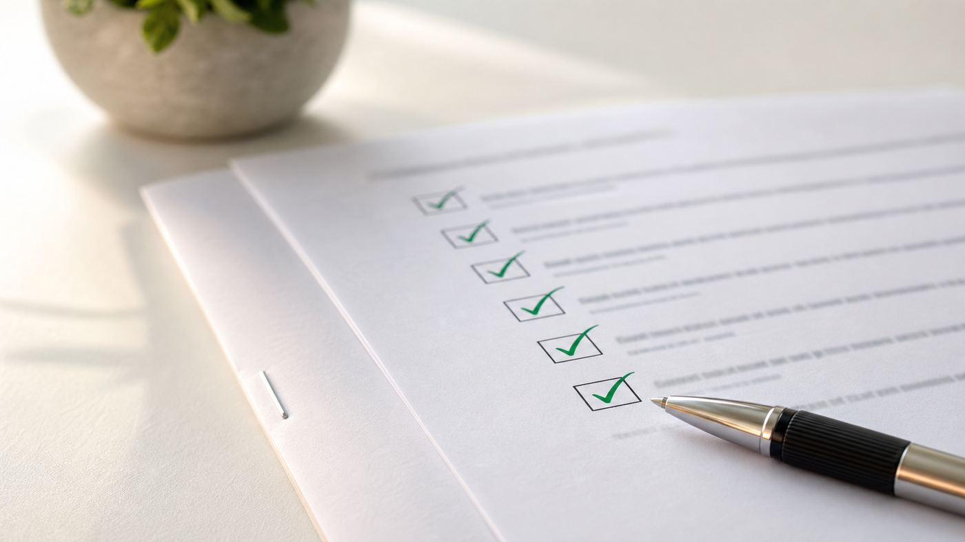 Printed vendor evaluation checklist on a desk with several questions ticked