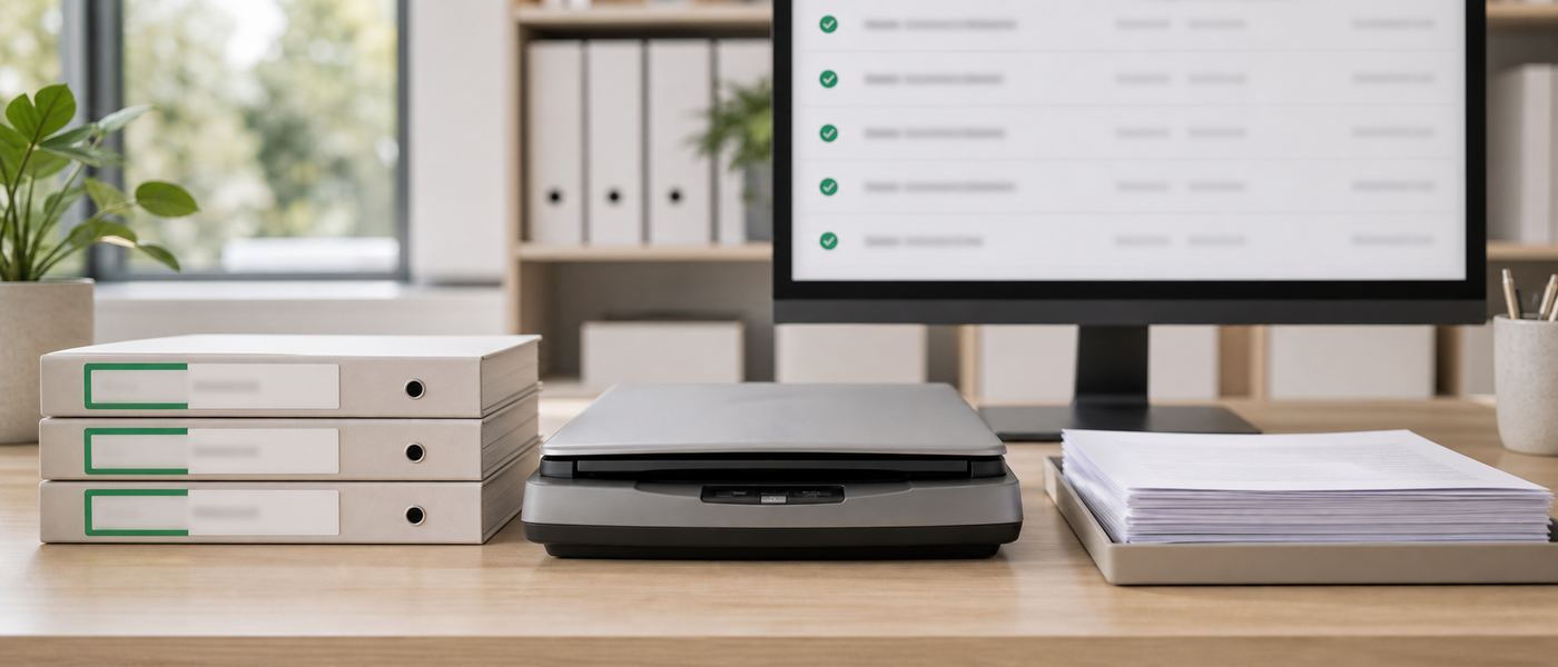 Document scanning and indexing workstation with organised digital file structures displayed on screen, illustrating source material preparation for a local AI system