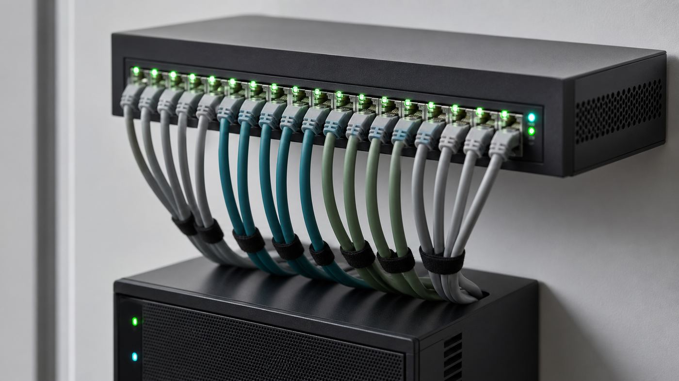 Server rack patch panel with structured network cabling connecting a local AI machine into existing office infrastructure
