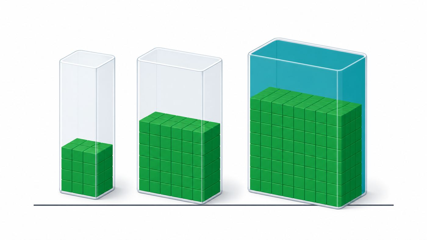 Diagram style visualisation of AI model size and memory, showing GPU memory blocks filling as model parameter counts increase