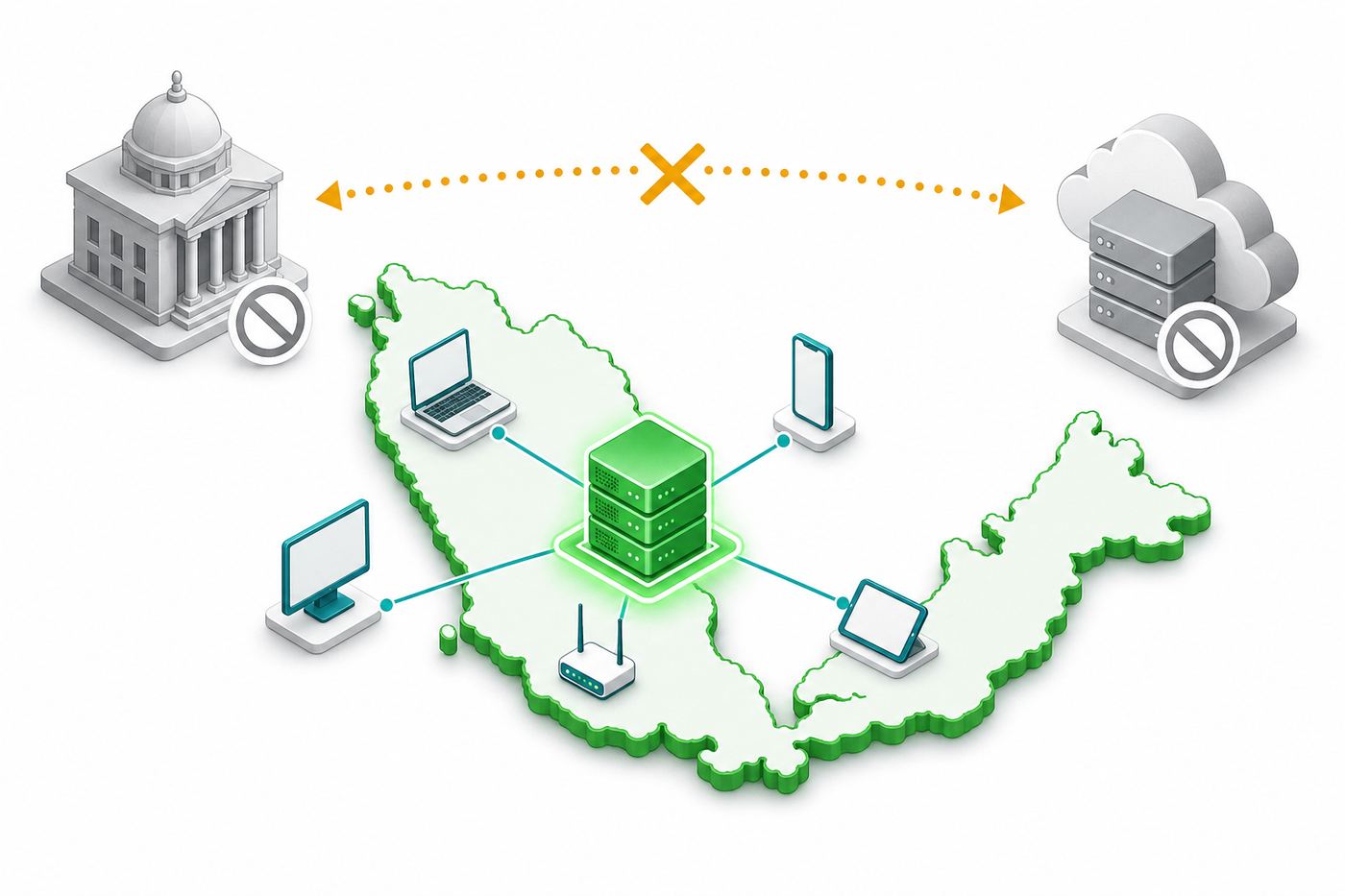 Map diagram showing data held on an in-country server instead of routing to a foreign cloud
