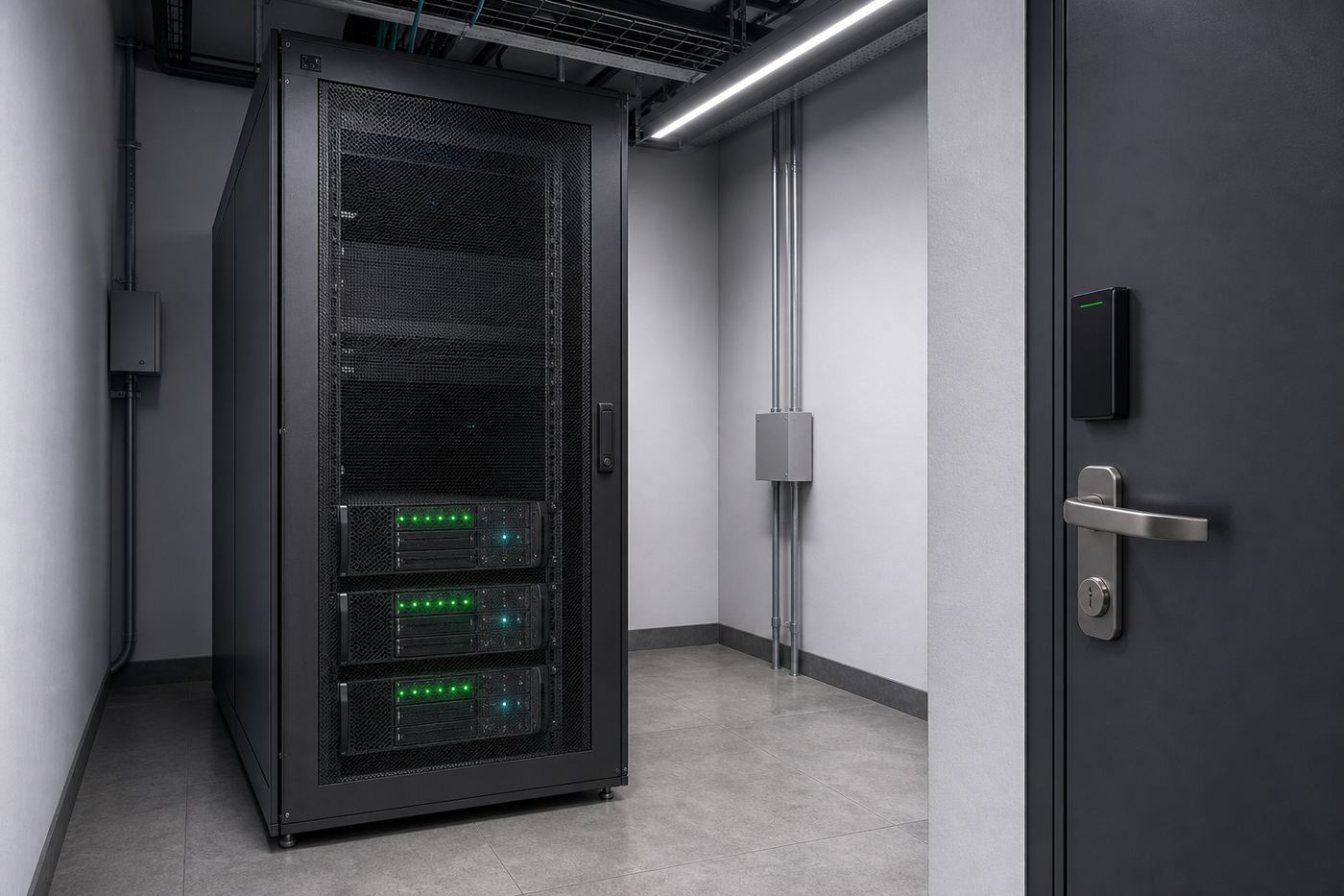 Air-gapped government server rack in a locked data centre room, with no network cable running to the outside world