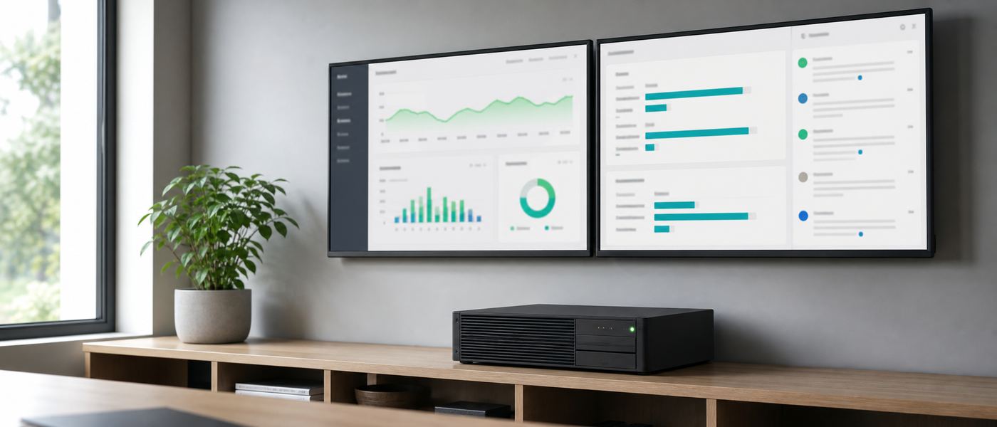 Wall mounted monitors showing a private local AI analytics dashboard beside a compact on-premise server