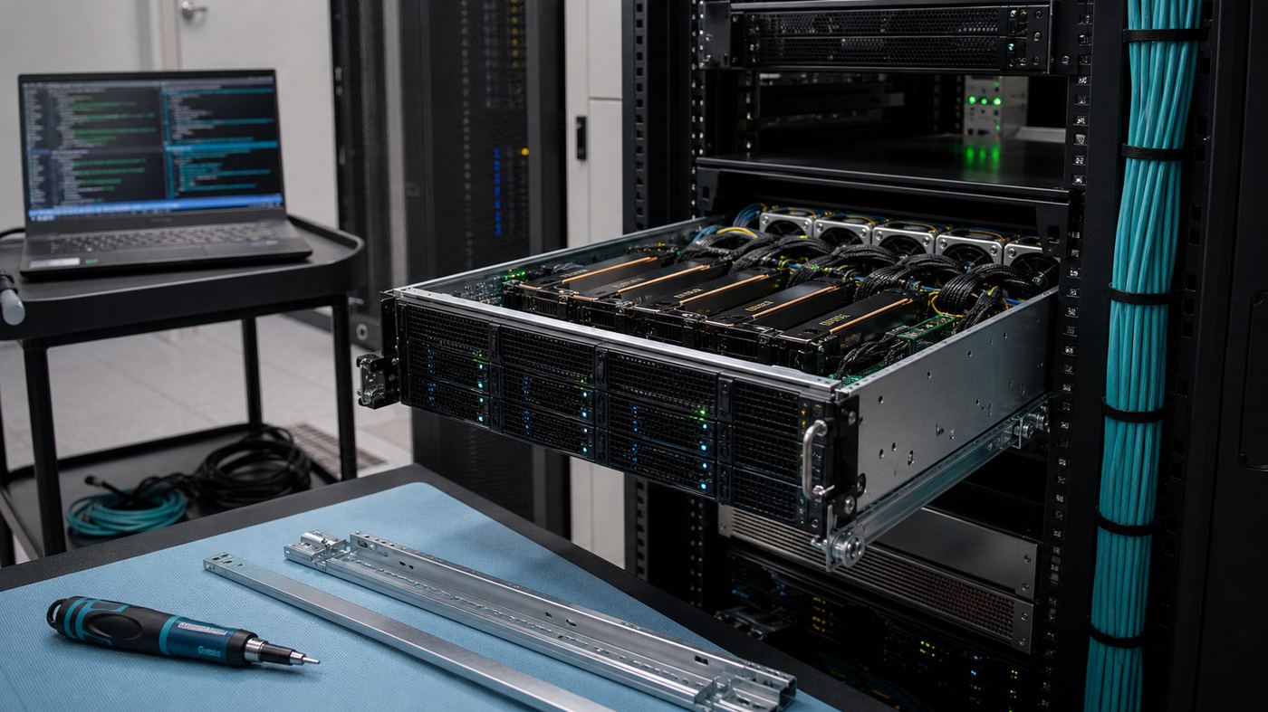 Multi GPU server being racked in a tidy office server room with neatly managed cabling