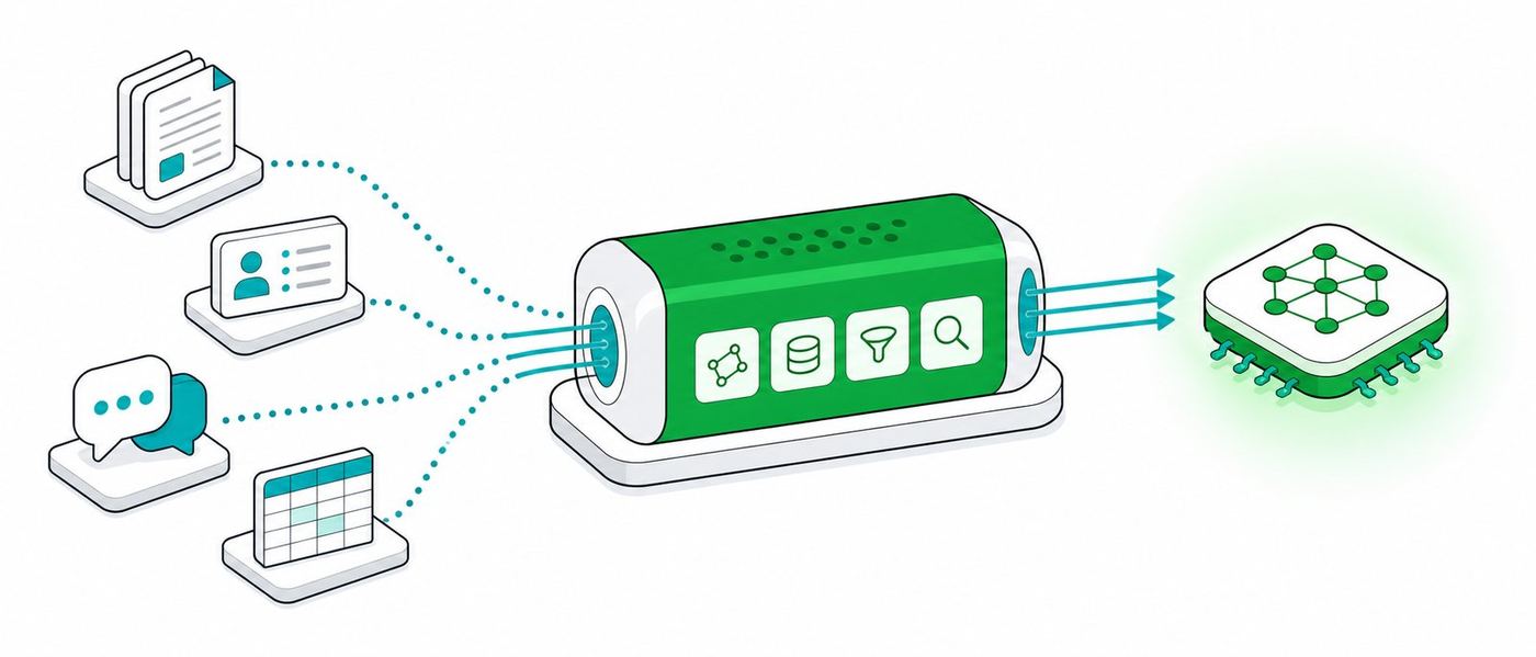 Flat isometric illustration of a company's data flowing into a fine-tuning pipeline that feeds a private local AI model