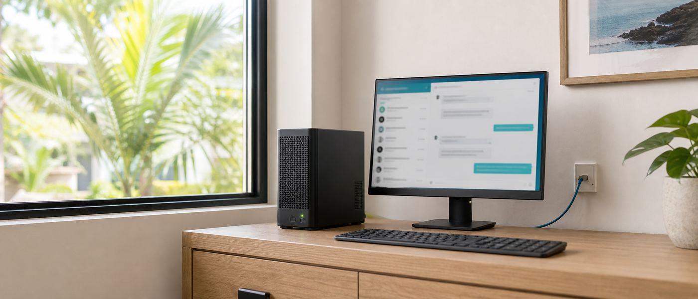 Compact on-premise AI server and workstation running quietly in a small business office