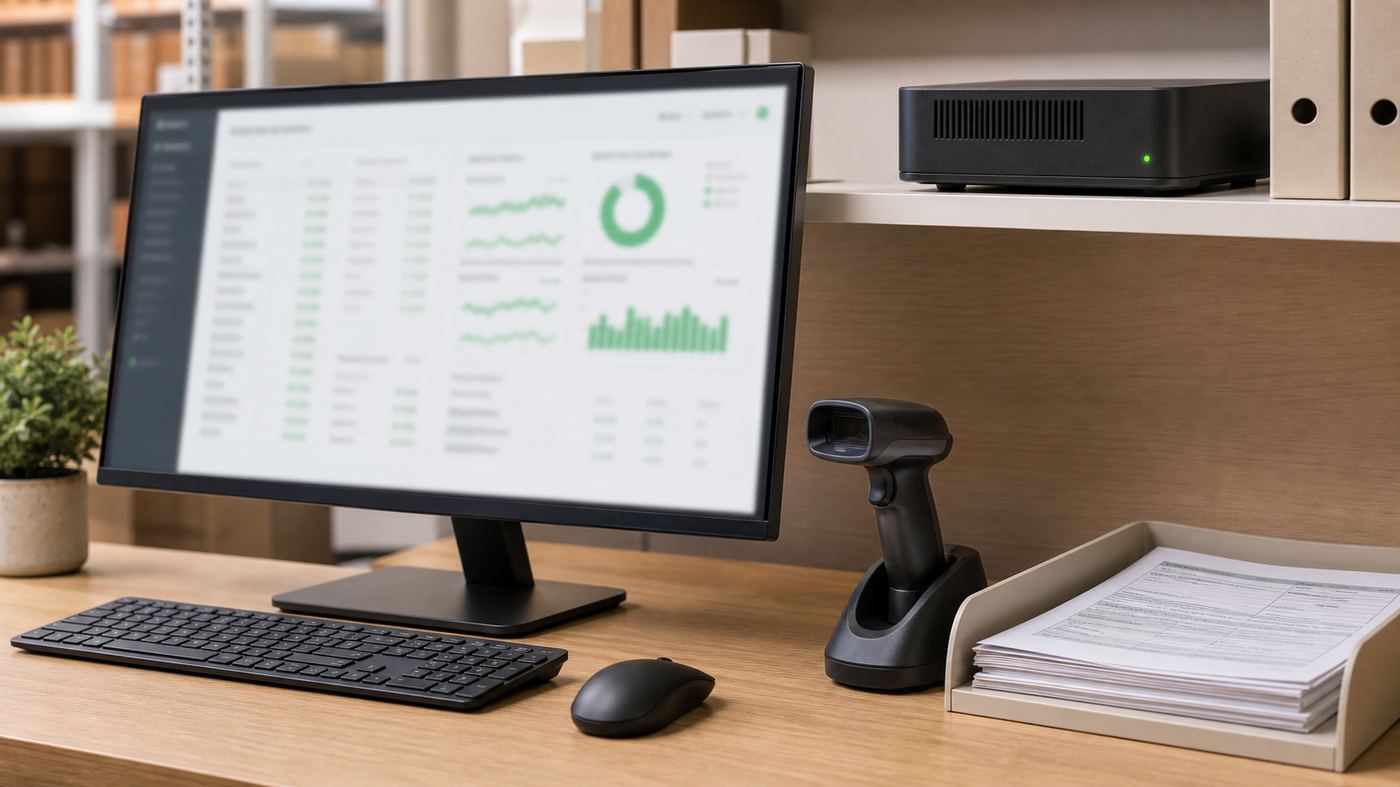 Back office workstation showing a product catalogue and stock policy lookup running on a local server