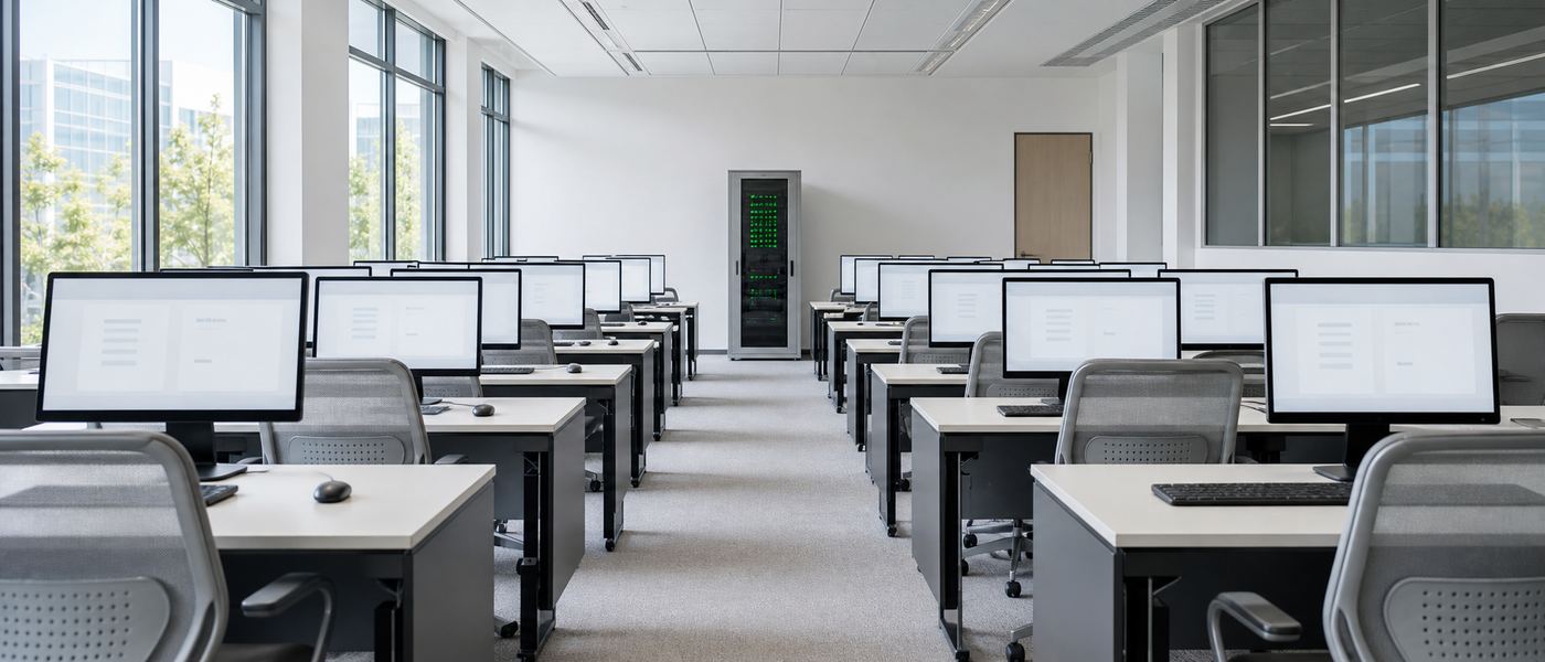 Campus computer lab with a rack mounted local AI server and terminals showing a policy and curriculum search interface