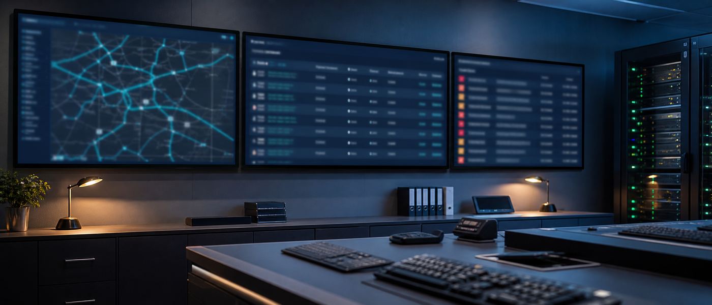 Transport operations control room with screens showing shipment documentation and a local AI extraction dashboard