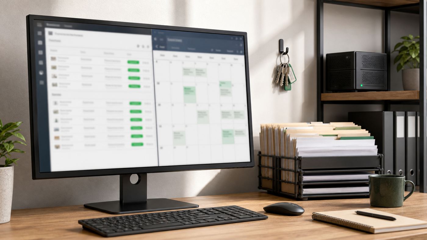 Property management office workstation displaying a tenancy agreement clause comparison on a locally hosted system