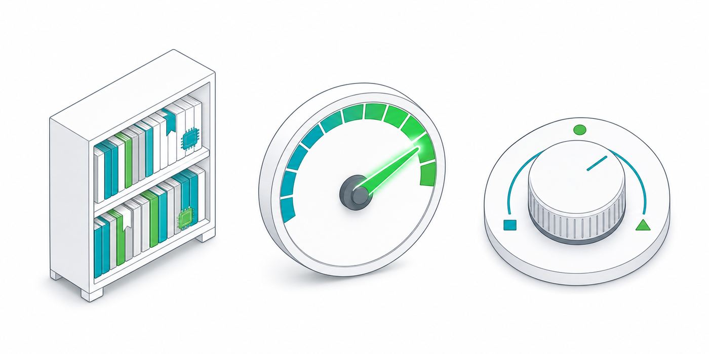 Simple flat illustration explaining AI hardware specifications: a bookshelf representing VRAM memory, a speedometer representing tokens per second, and a dial representing quantization precision