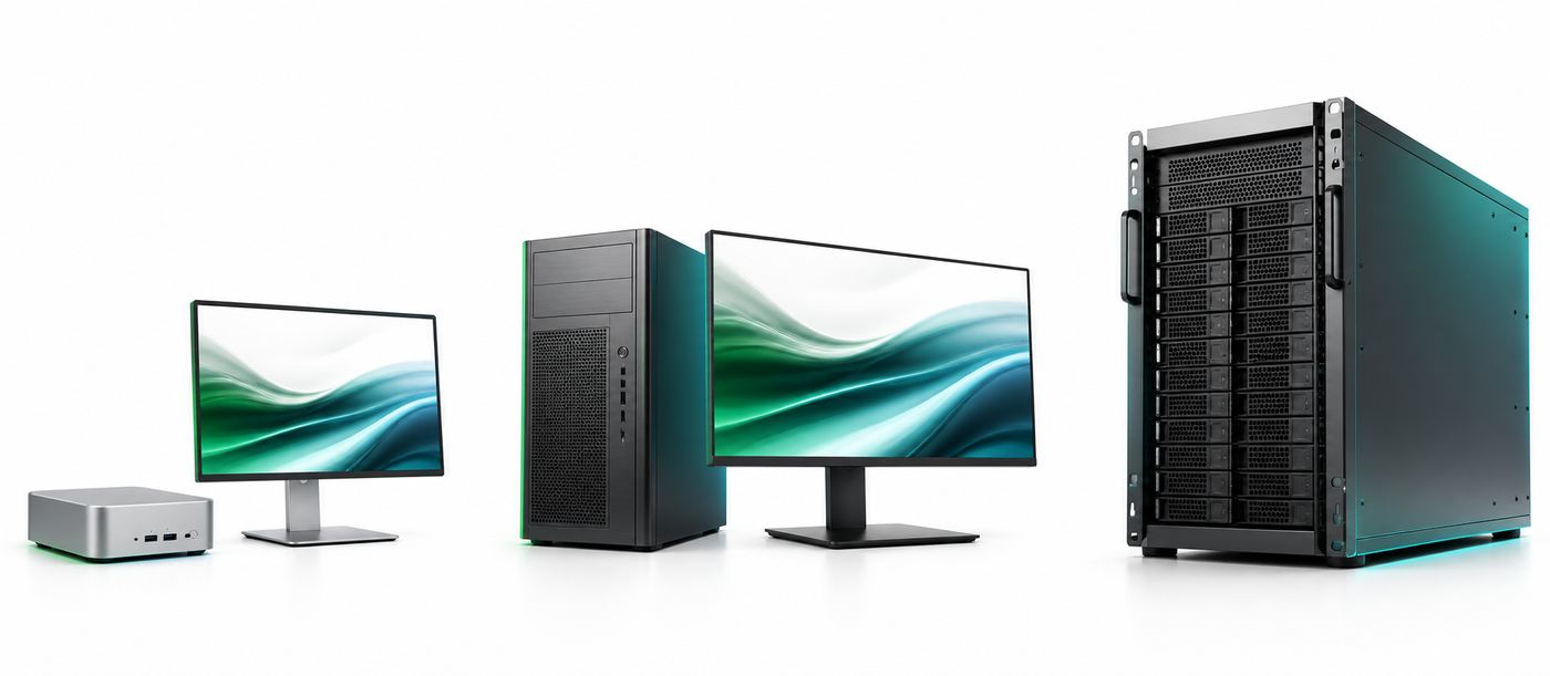 Three AI hardware setups of increasing size representing small, medium and large team builds