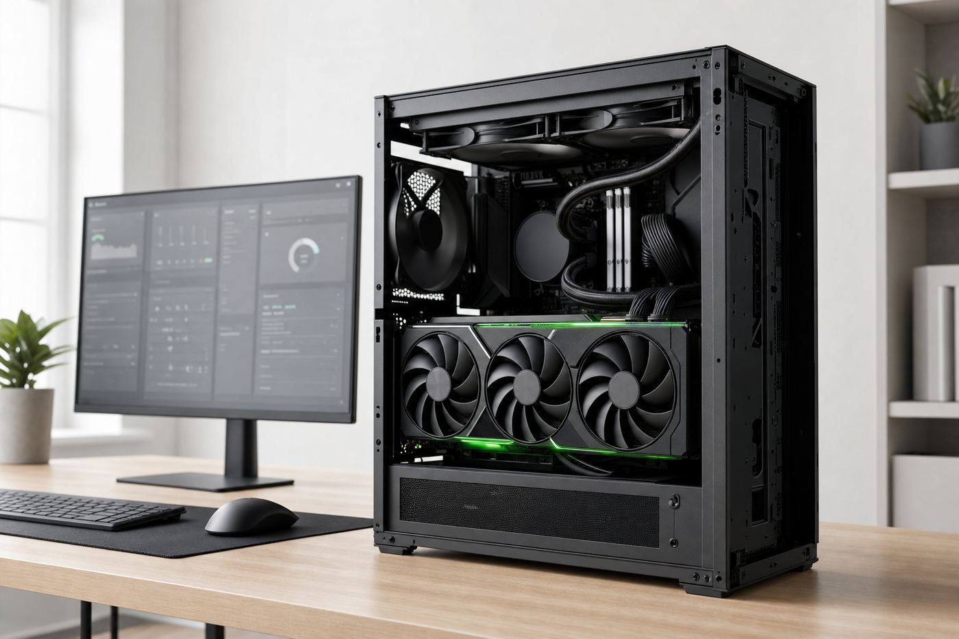 Clean modern desktop workstation tower with a visible high-end RTX-class graphics card, on a wooden office desk beside a monitor
