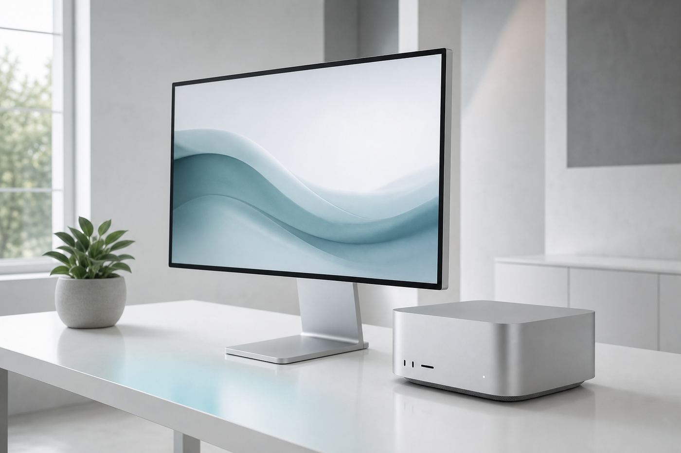 Mac Studio computer and display on a minimal white desk, representing Apple Silicon unified memory builds for local AI