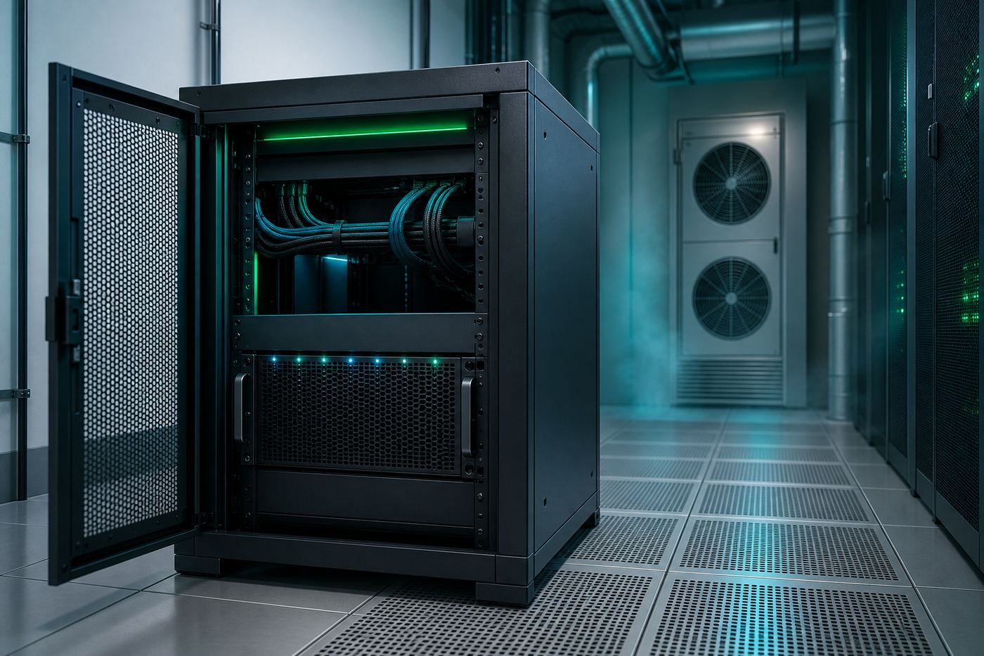 Small ventilated server rack room housing a multi GPU AI server with tidy cable management and cool blue green ambient lighting