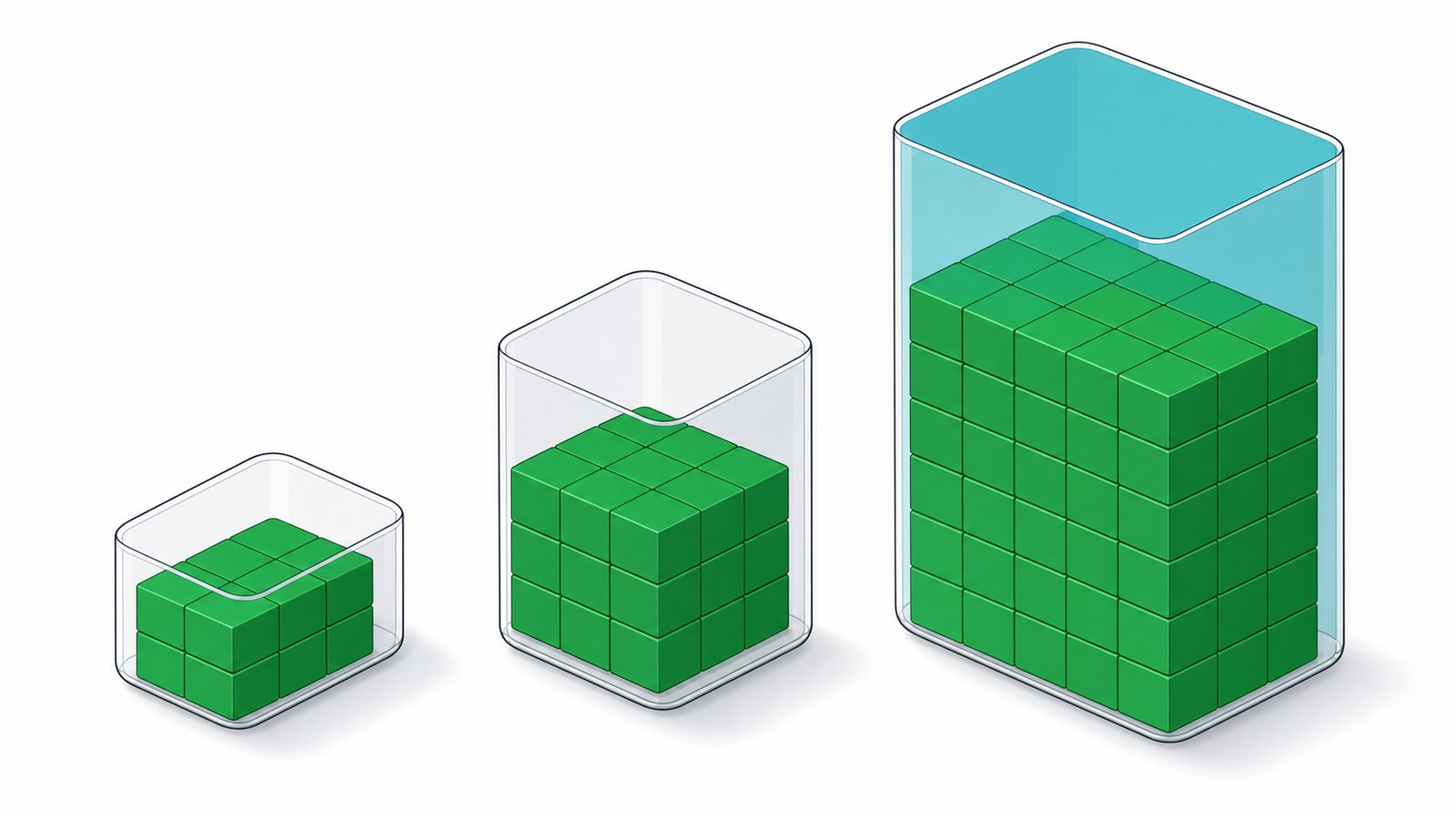 Three memory containers of increasing size showing how a larger model fills more memory and leaves less headroom