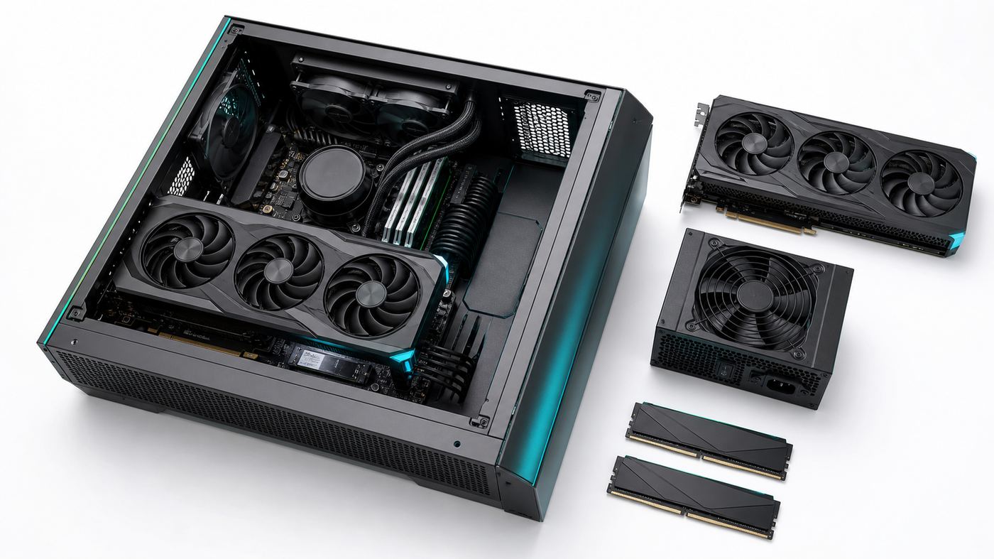 Open workstation chassis showing the GPU, memory and storage components included in a build