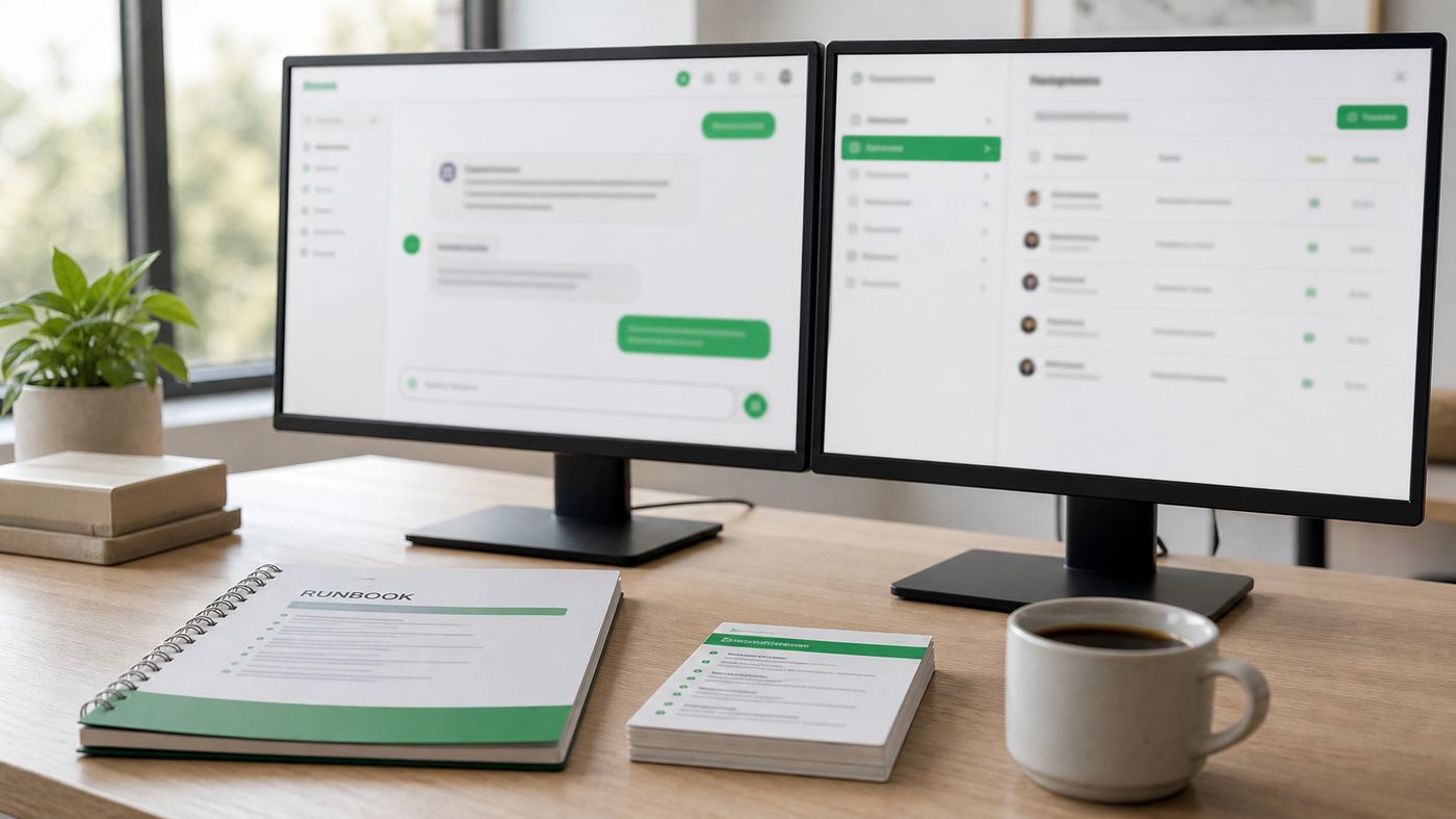 Handover documentation, runbook and dual monitors showing the delivered AI system interface