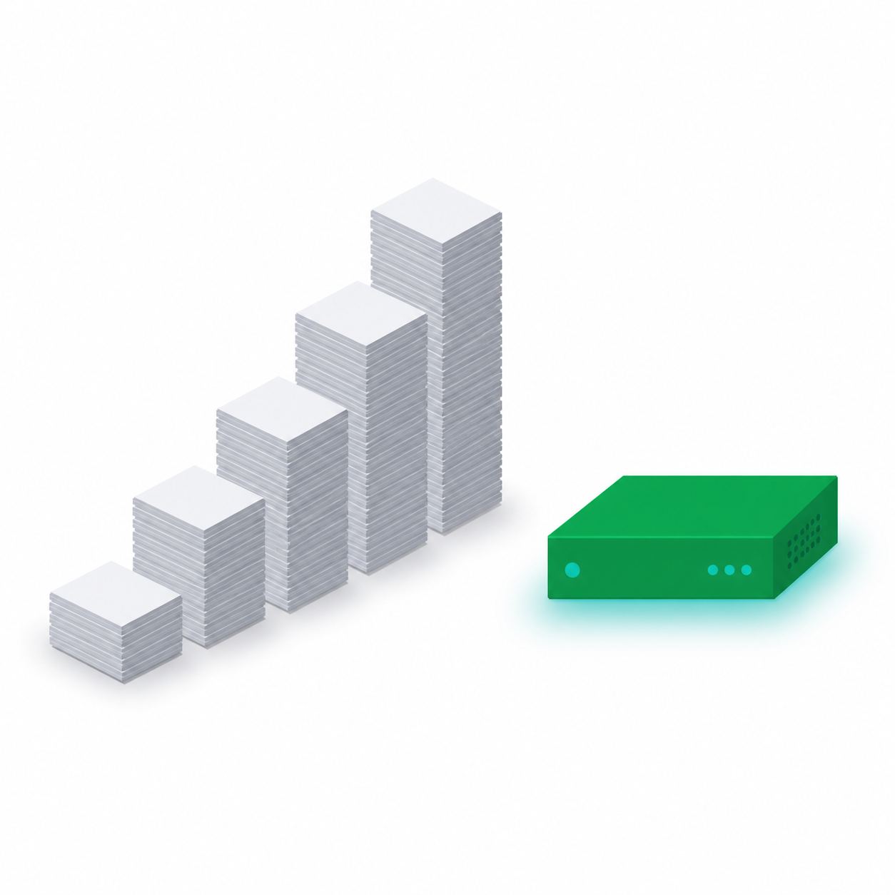 Close-up flat illustration of a rising stack of monthly subscription invoices next to a single flat block representing a one-time local AI purchase, in white, green and teal