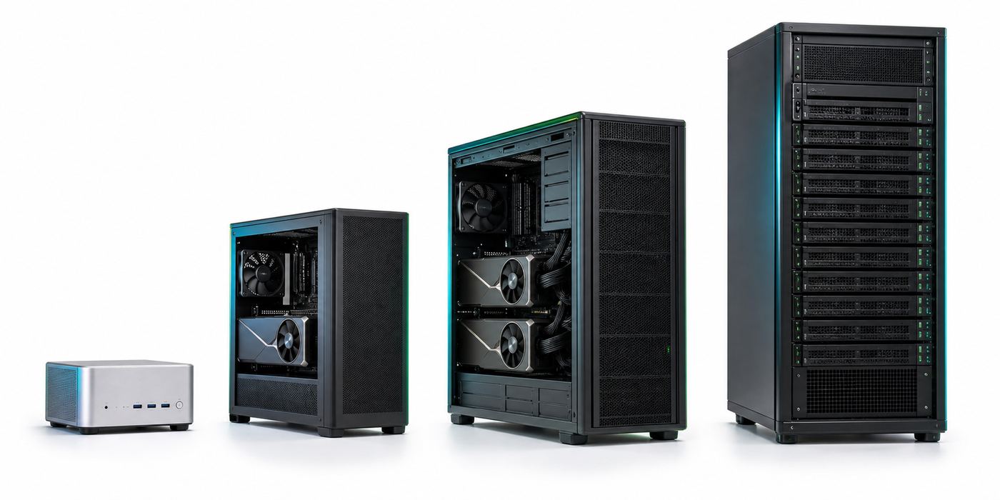 Four VYROX local AI hardware tiers lined up side by side, from a small desk mini PC to a full datacentre rack server, showing the physical scale difference between Desk AI, Studio AI, Engine AI and Rack AI builds