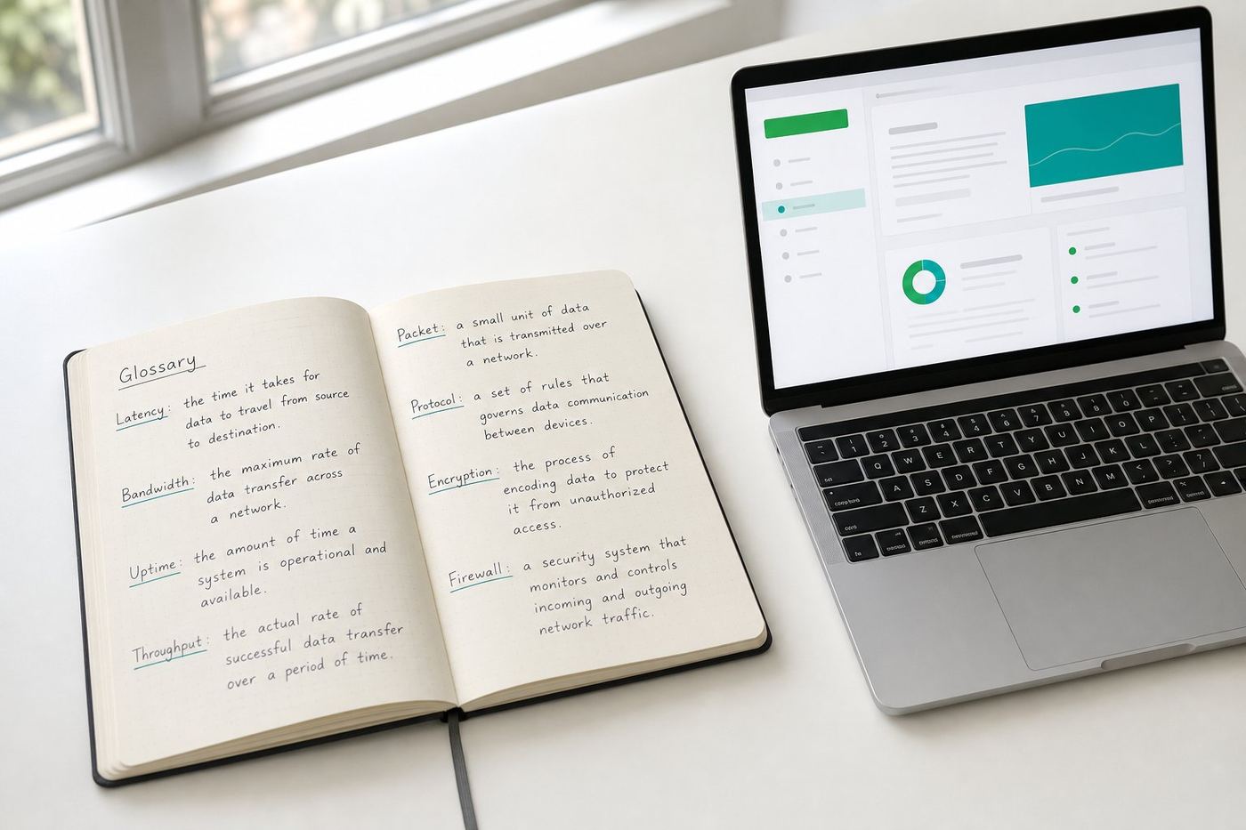 Open reference notebook and laptop showing a plain-English AI glossary on a bright office desk, green and teal accent lighting