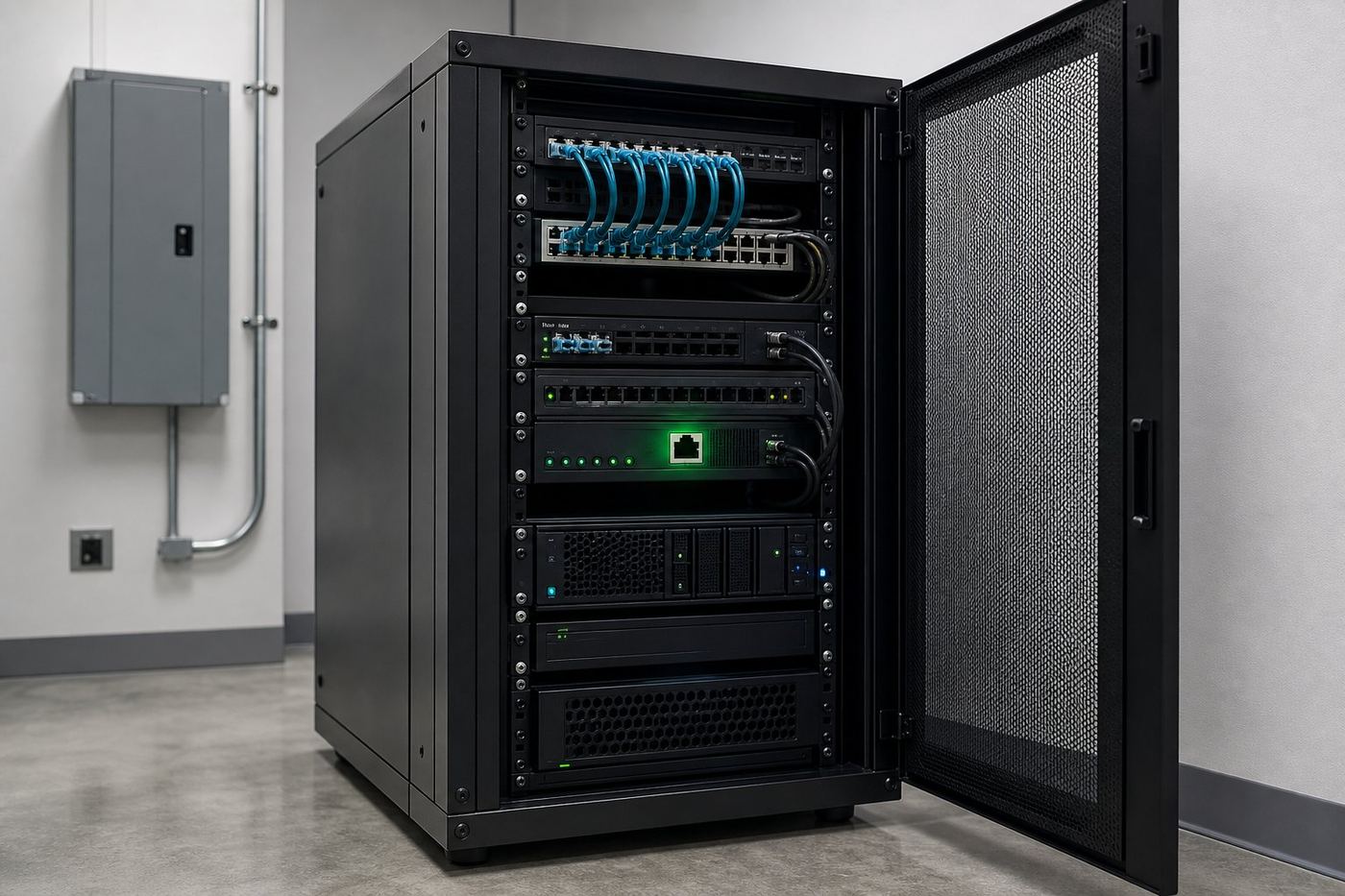 Locked private server rack in a clean data room with no external network cable connected, illustrating an air-gapped local AI deployment, green and teal accent lighting