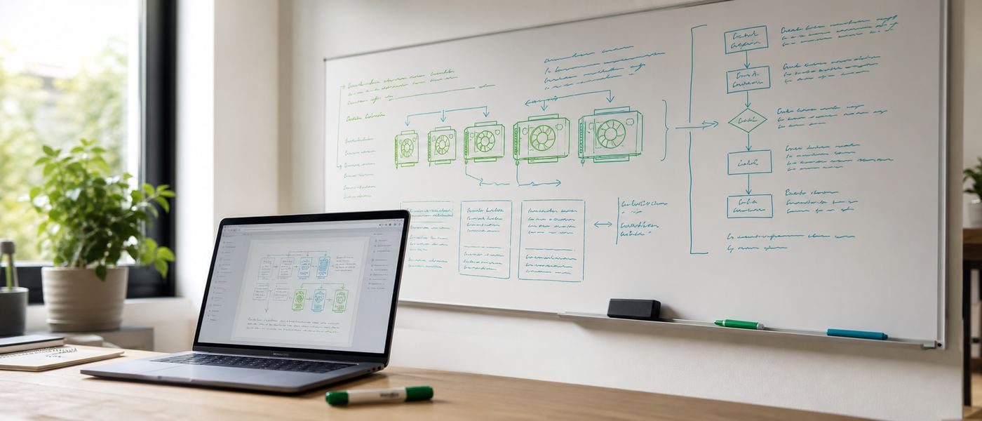 Whiteboard covered in local AI architecture diagrams beside a laptop showing a reference page