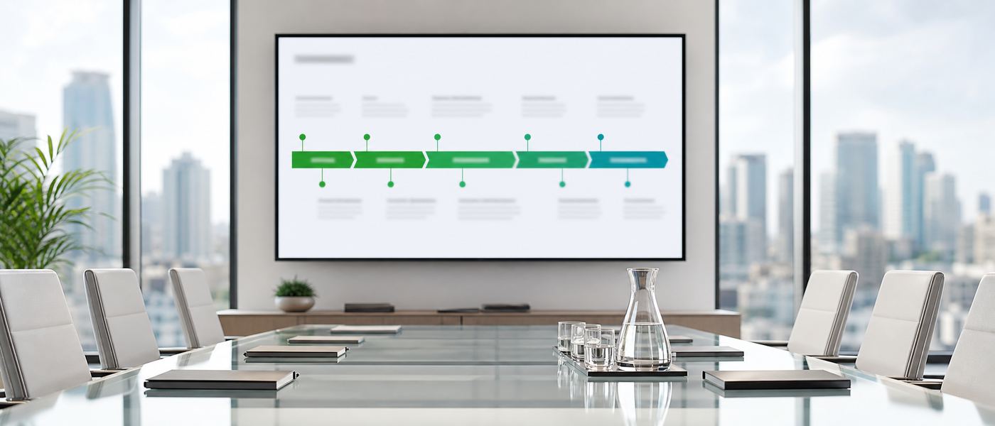 Meeting room wall screen displaying an AI adoption roadmap timeline