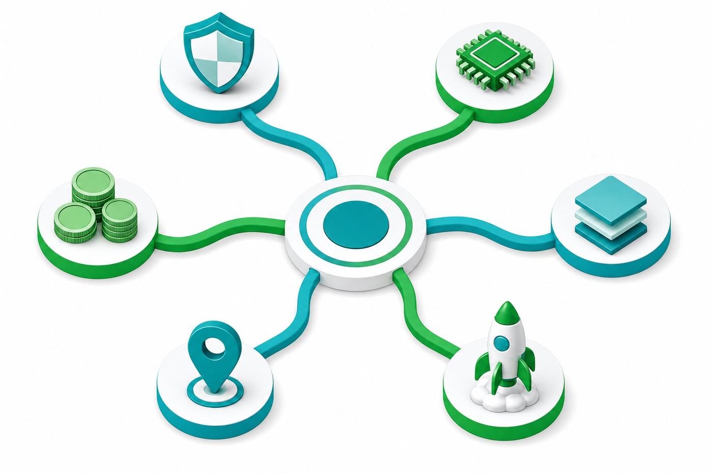 Flat isometric illustration of a branching map connecting AI decision topics such as hardware, pricing and compliance, green and teal accent palette