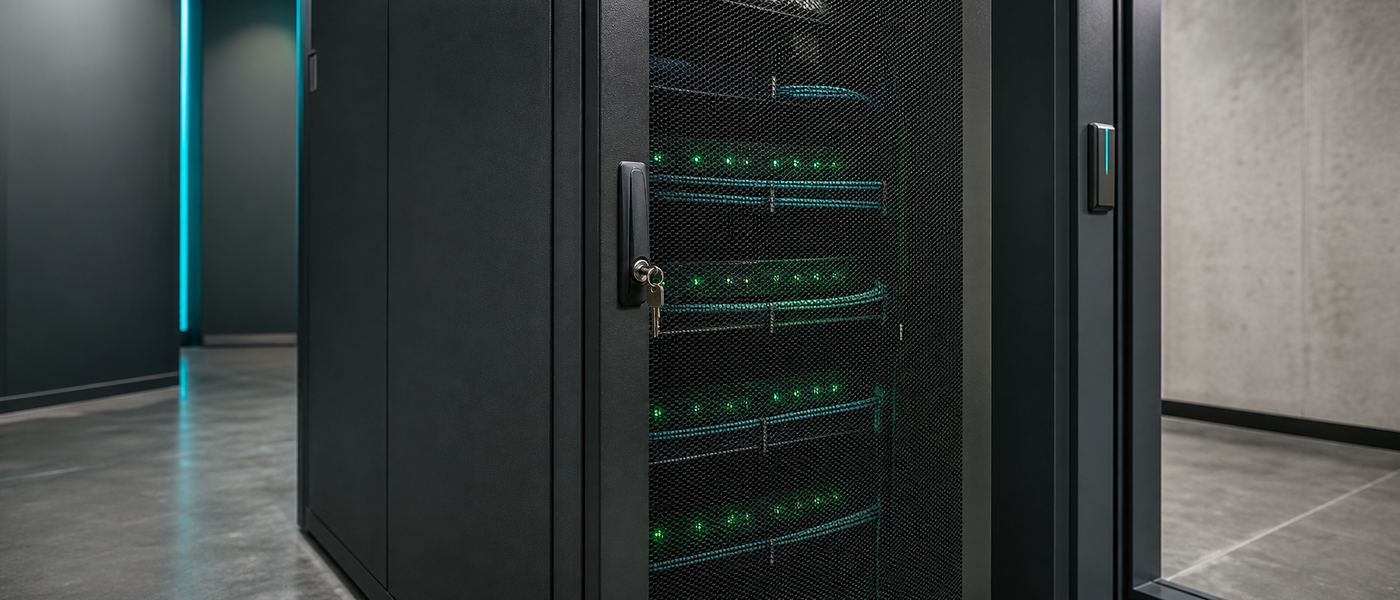 Locked server cabinet housing a private AI inference server with cable management and status indicators