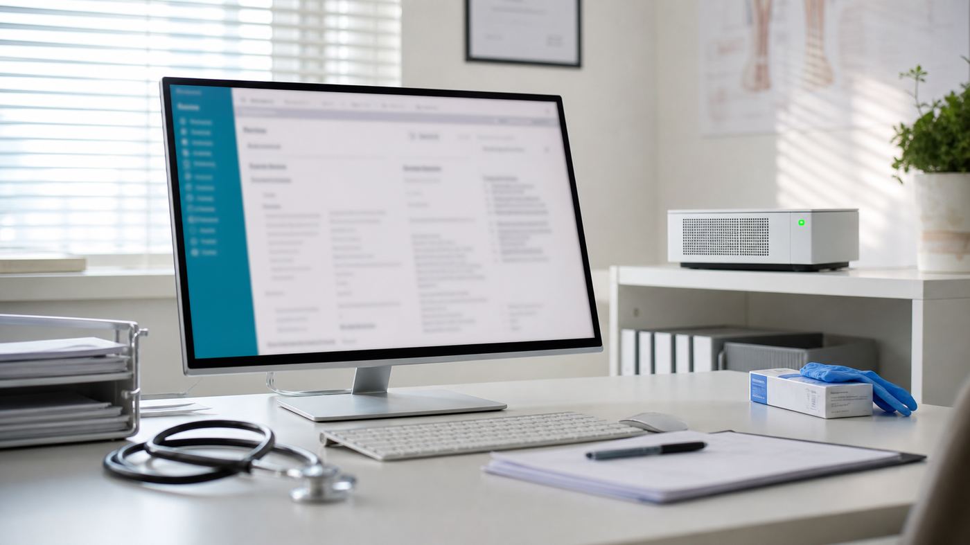 Clinic consultation room workstation with a private AI note drafting interface and a local server
