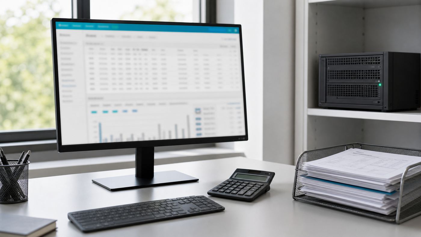 Accounting workstation with invoices, ledgers on screen and an on-premise server unit
