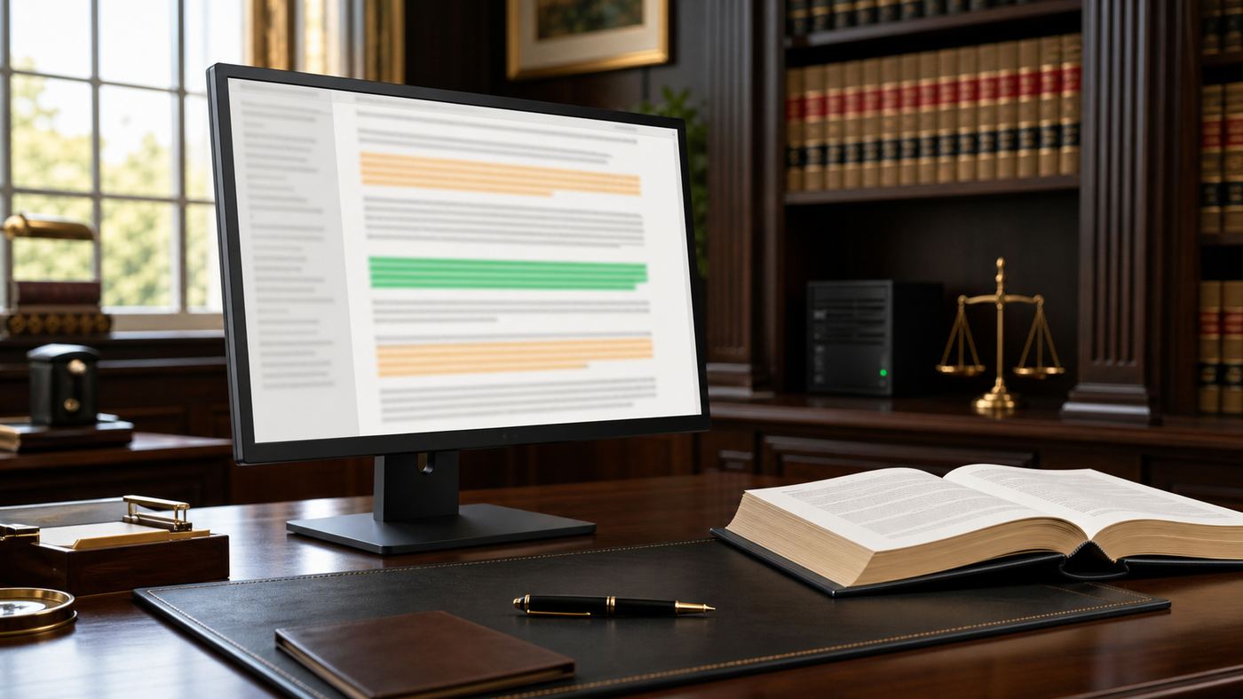Law office desk with a contract review screen showing highlighted clauses beside bound legal volumes