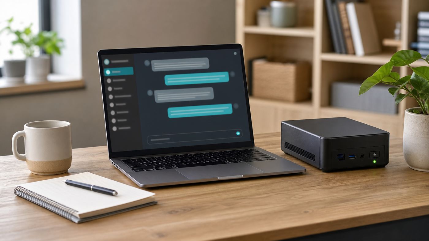 Compact desk setup with a mini PC server running a private chat assistant interface