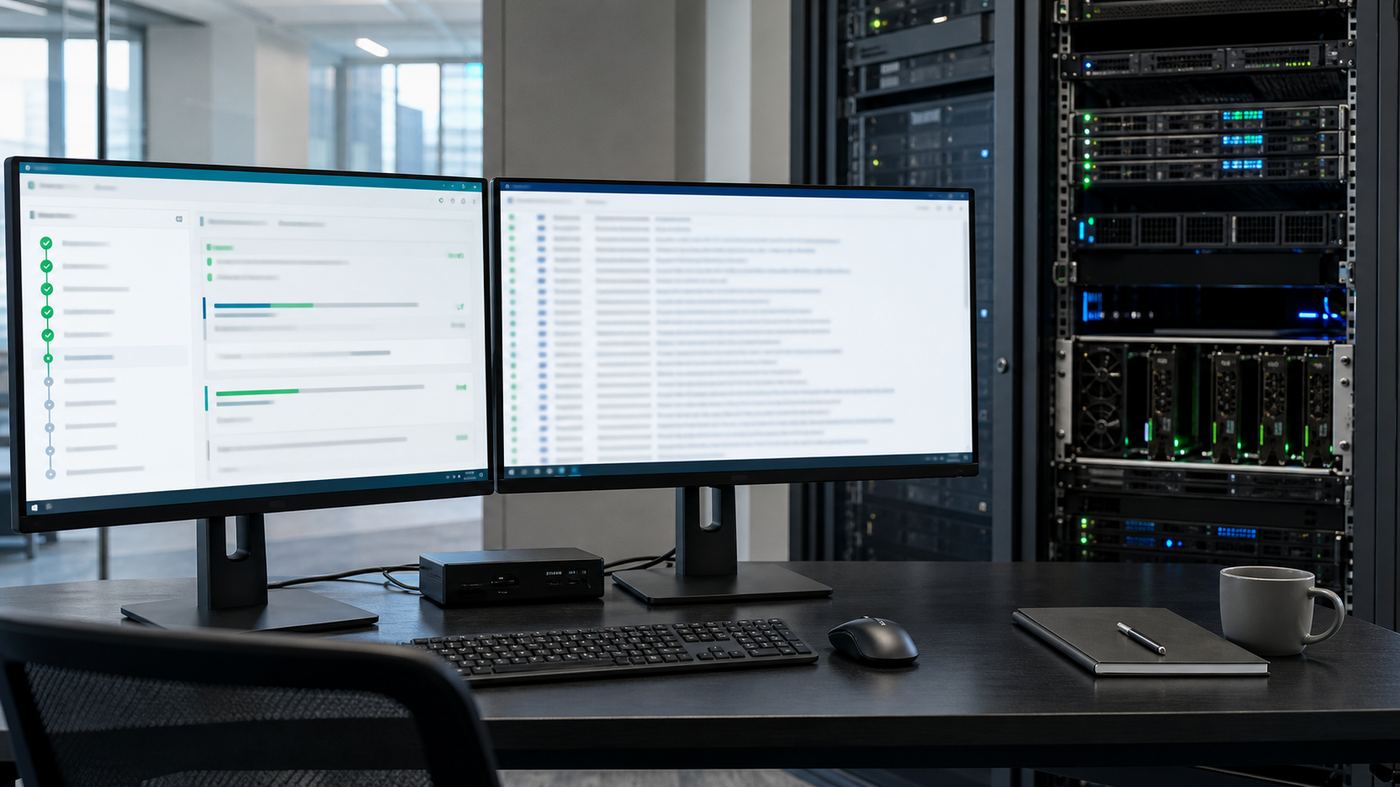 Operations screens showing an autonomous agent task queue beside a rack mounted GPU server