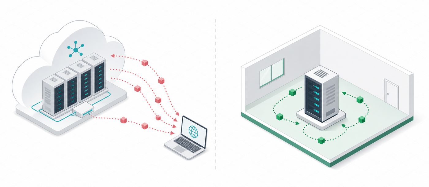 Split illustration comparing a cloud data center sending data outward versus a local on-premise server keeping data contained in an office