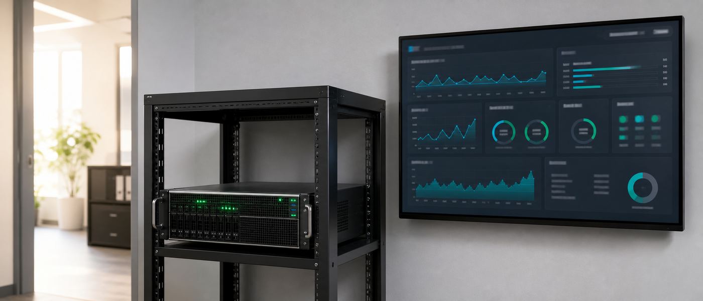 Rack mounted local AI server with a live health monitoring dashboard on an adjacent screen